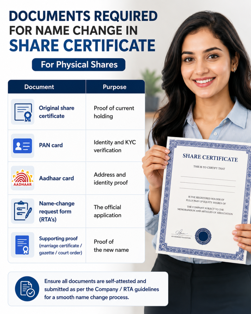 Documents Required for Name Change in Physical Shares Certificate in India