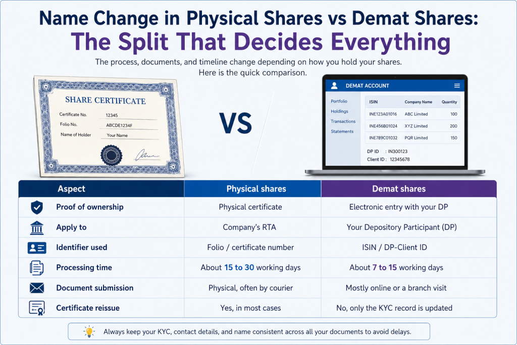 Name change process physical vs demat shares in India

