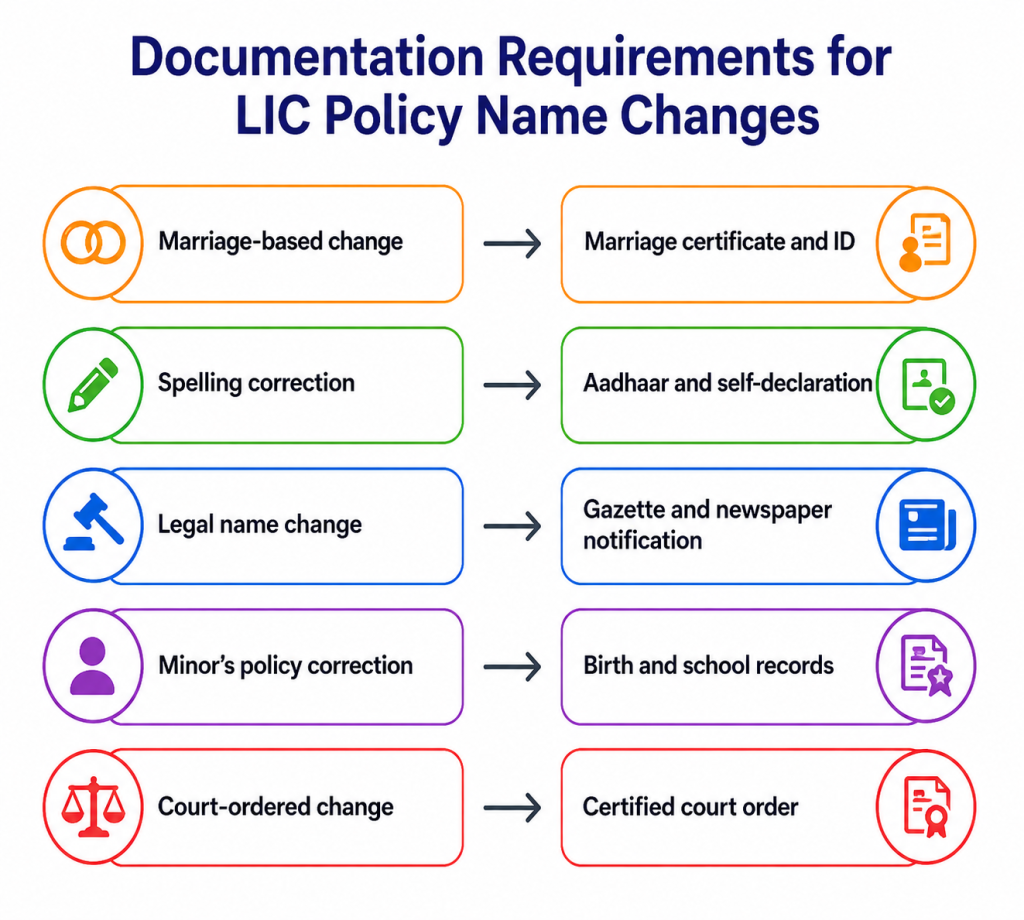 Documents required for LIC policy name change in India: 