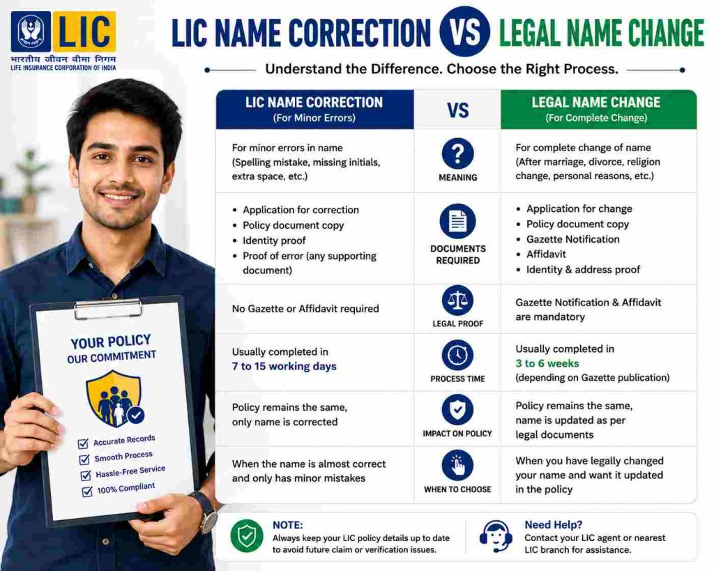 LIC name correction vs legal name change in India: 