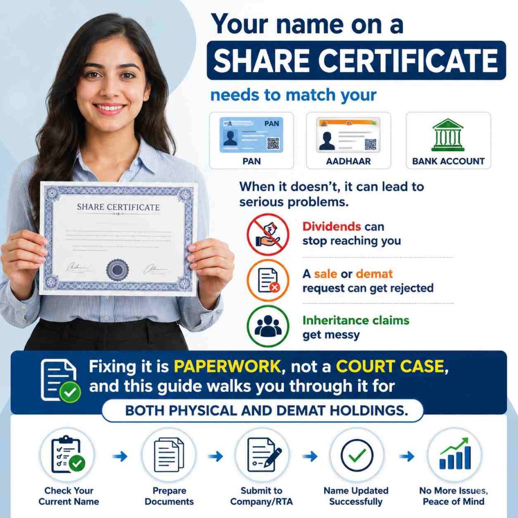 Name change in share certificate in India and in our country