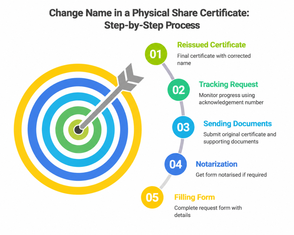 Step by step name change on physical share certificate via RTA in India and our country