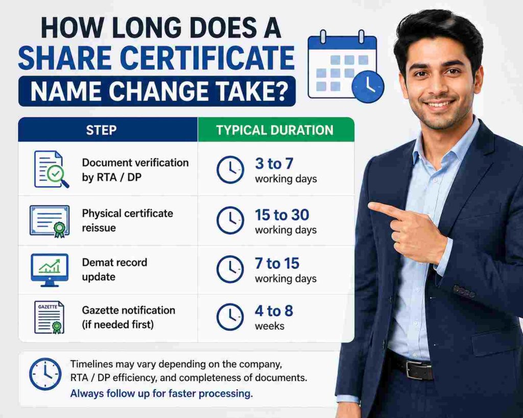 How much time required for name change in Share Certificate in India