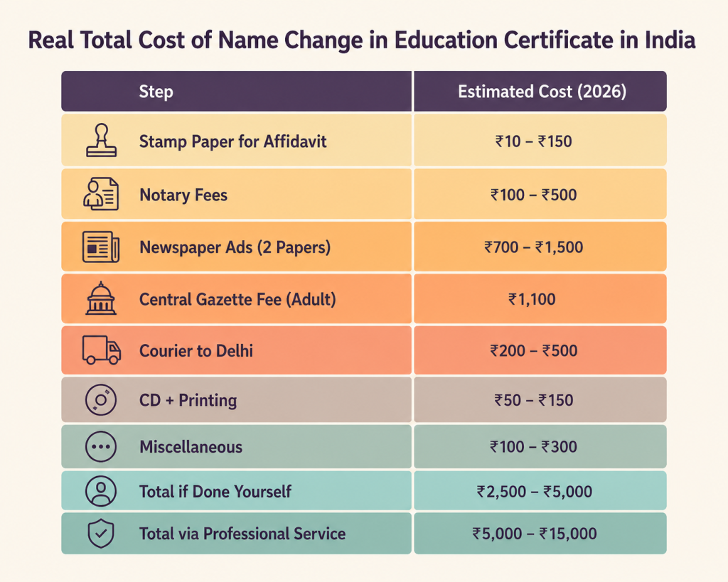 Cost of the Process of Gazette for Change Of Name in India