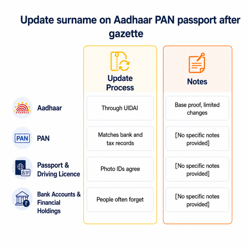Update surname on Aadhaar PAN passport after gazette