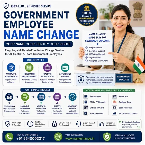 Government employee name change showing the deed, two gazetted officer witnesses, and the gazette notification