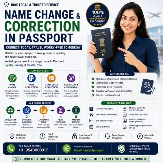 Passport name change and correction showing the affidavit, two newspaper notices and the order after Aadhaar and PAN