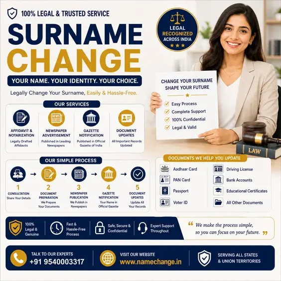 Surname change in India showing the three routes, marriage certificate, court order and gazette notification